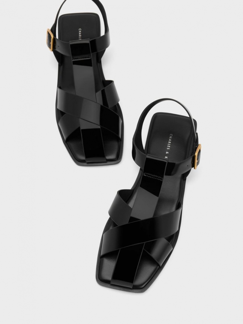 Charles And Keith Patent Strappy Crossover Flat Sandals Black | PHILIPPINES Z483