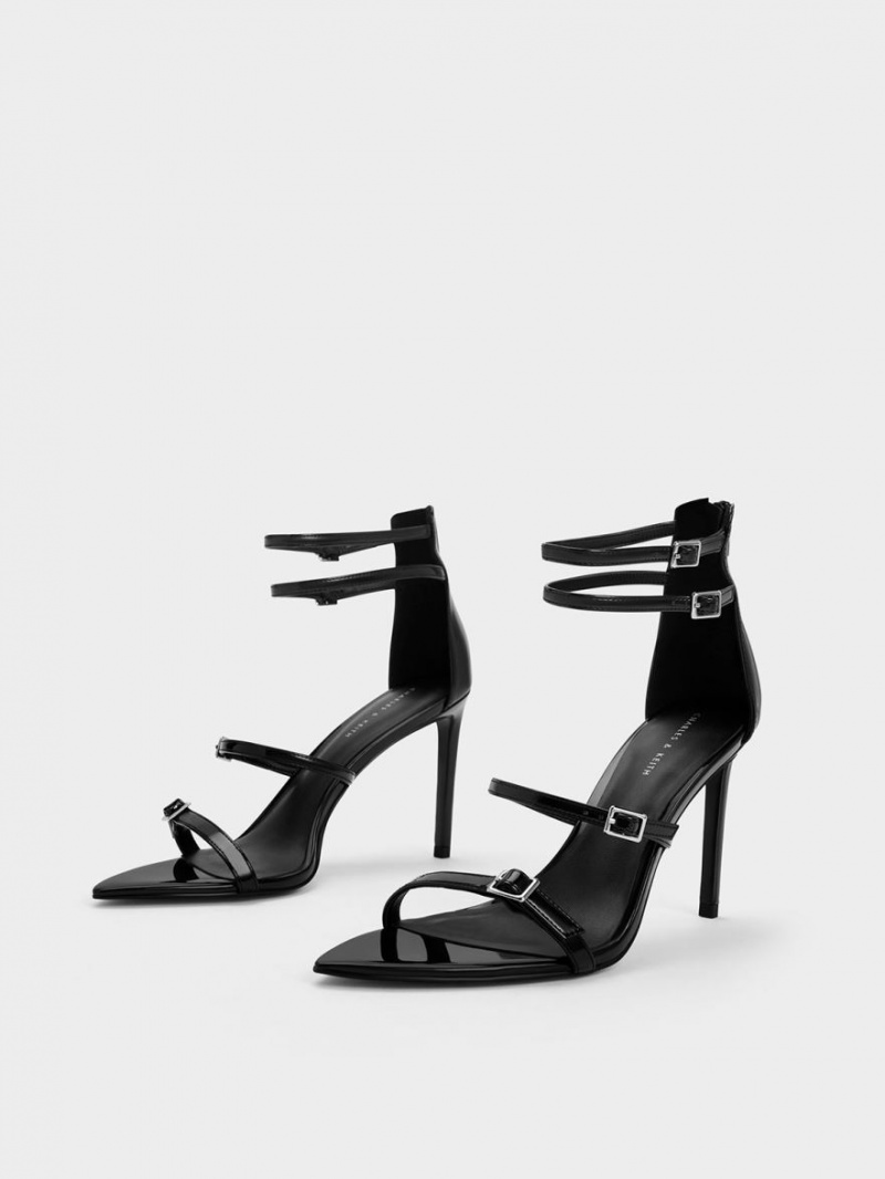 Charles And Keith Patent Strappy Heels Sandals Black | PHILIPPINES S356