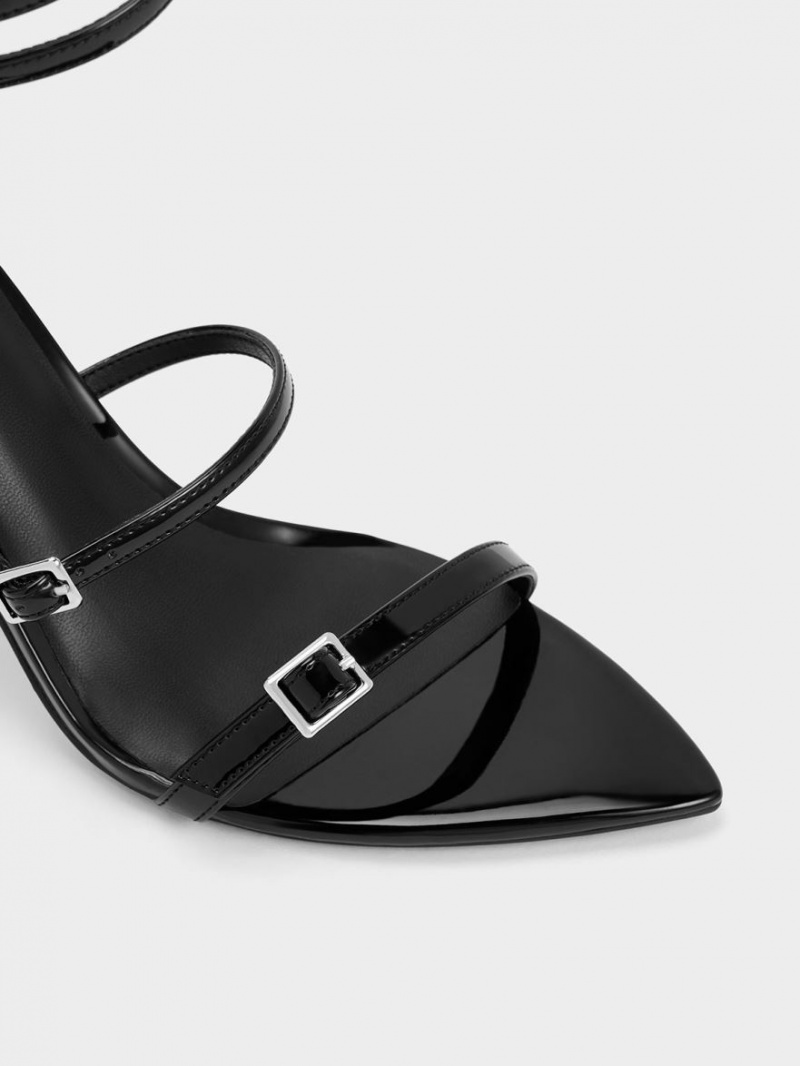 Charles And Keith Patent Strappy Heels Sandals Black | PHILIPPINES S356