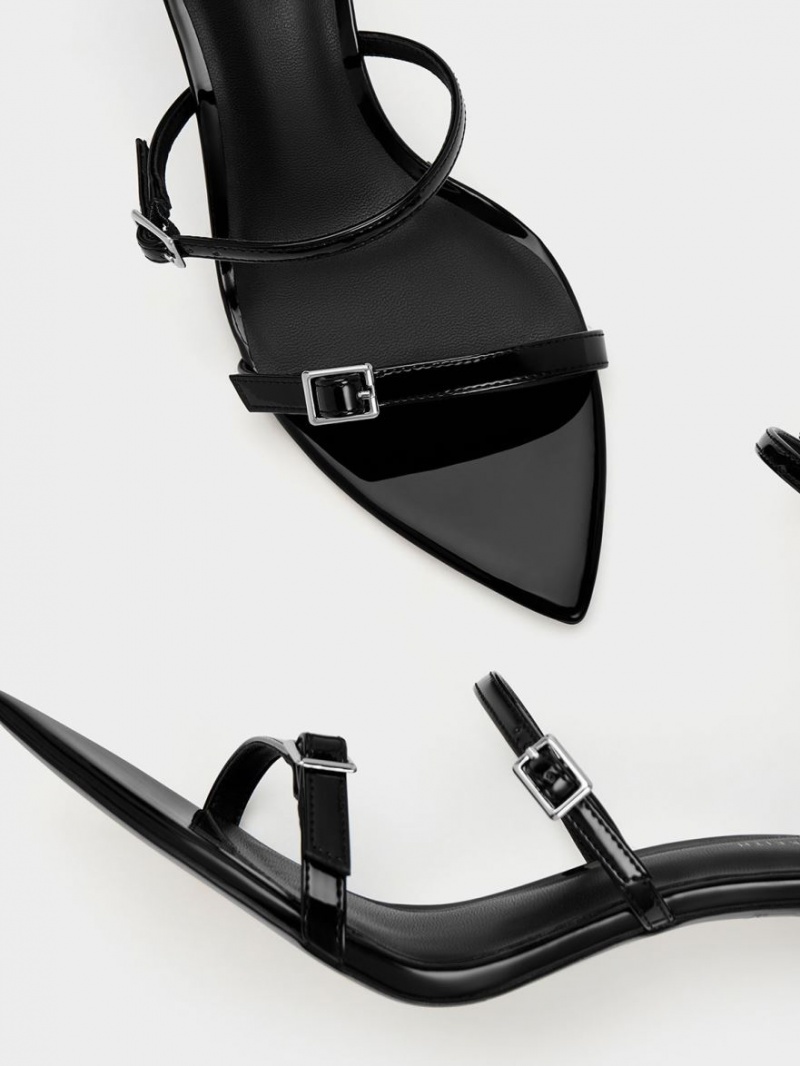 Charles And Keith Patent Strappy Heels Sandals Black | PHILIPPINES S356