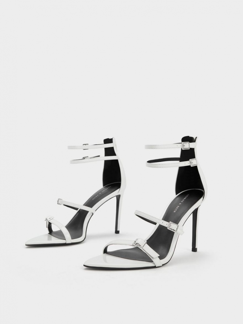 Charles And Keith Patent Strappy Heels Sandals White | PHILIPPINES P419