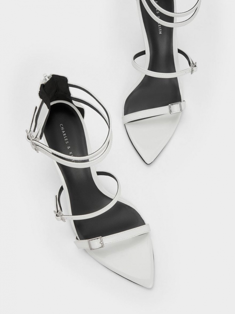 Charles And Keith Patent Strappy Heels Sandals White | PHILIPPINES P419