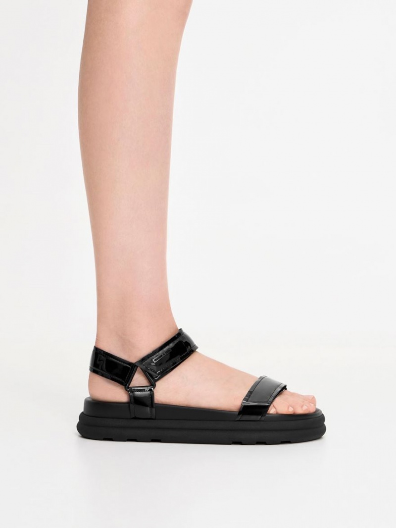 Charles And Keith Patent Strappy Sports Platform Sandals Black | PHILIPPINES Z320