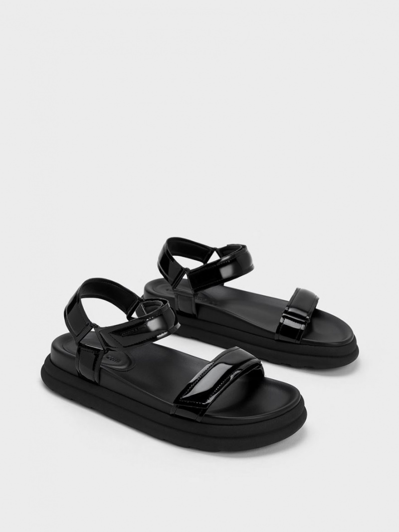 Charles And Keith Patent Strappy Sports Platform Sandals Black | PHILIPPINES Z320