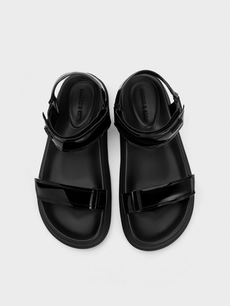 Charles And Keith Patent Strappy Sports Platform Sandals Black | PHILIPPINES Z320