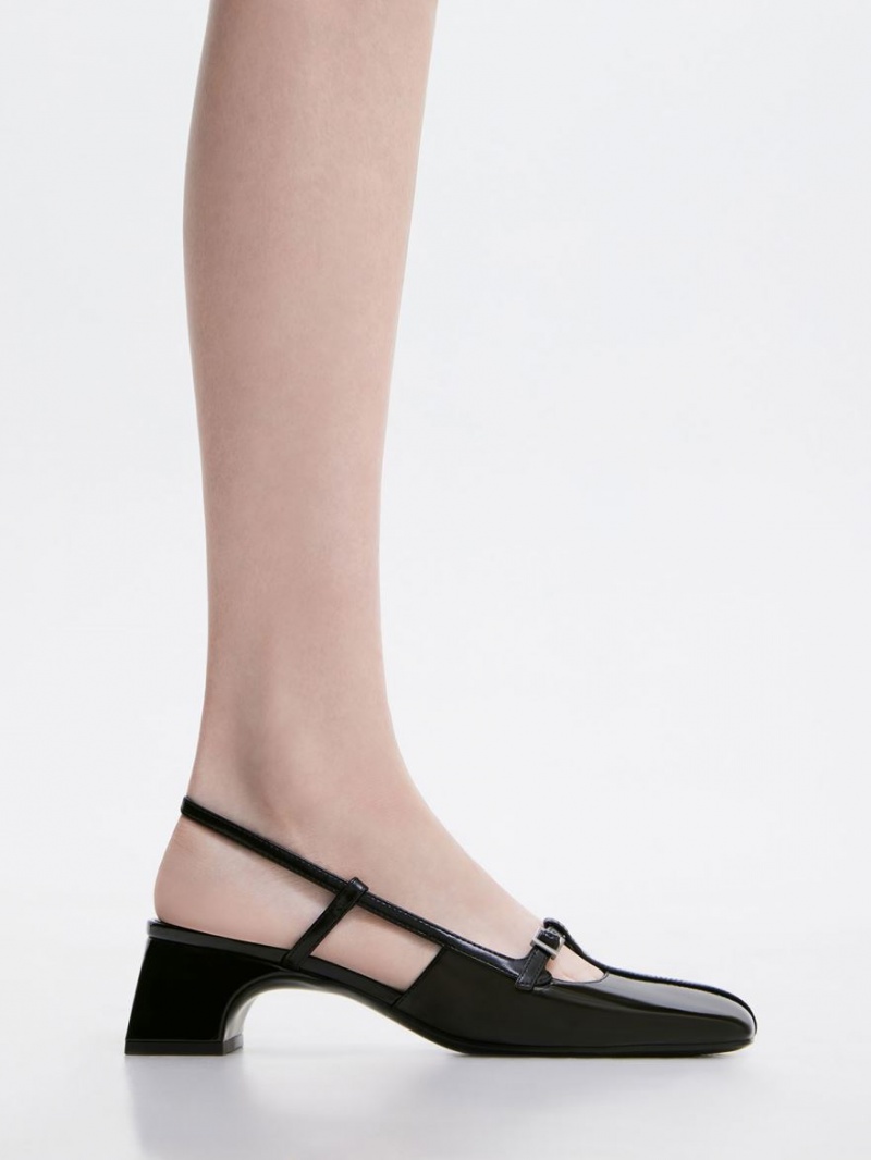 Charles And Keith Patent T-Bar Slingback Pumps Black | PHILIPPINES D169