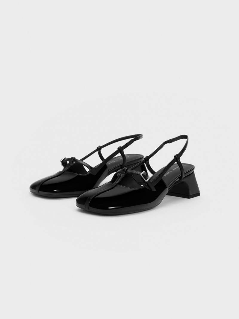 Charles And Keith Patent T-Bar Slingback Pumps Black | PHILIPPINES D169