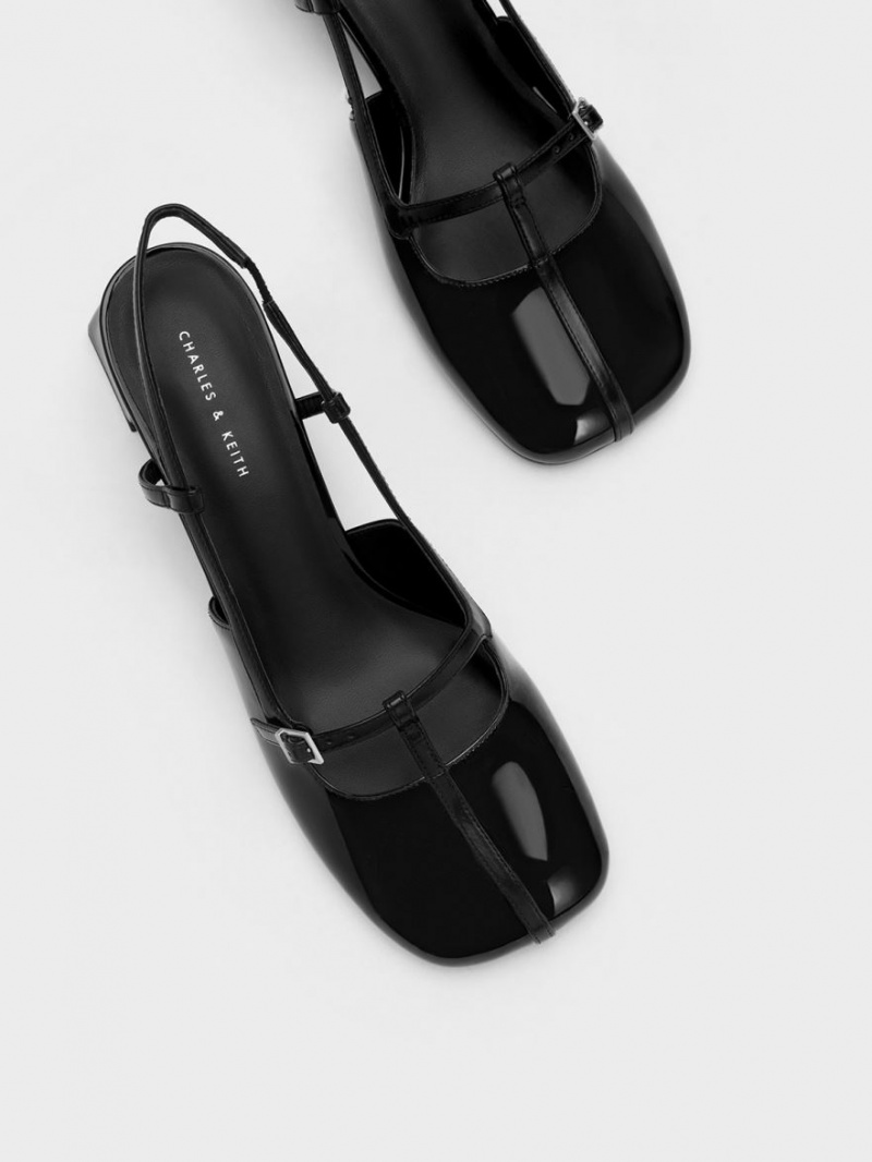 Charles And Keith Patent T-Bar Slingback Pumps Black | PHILIPPINES D169