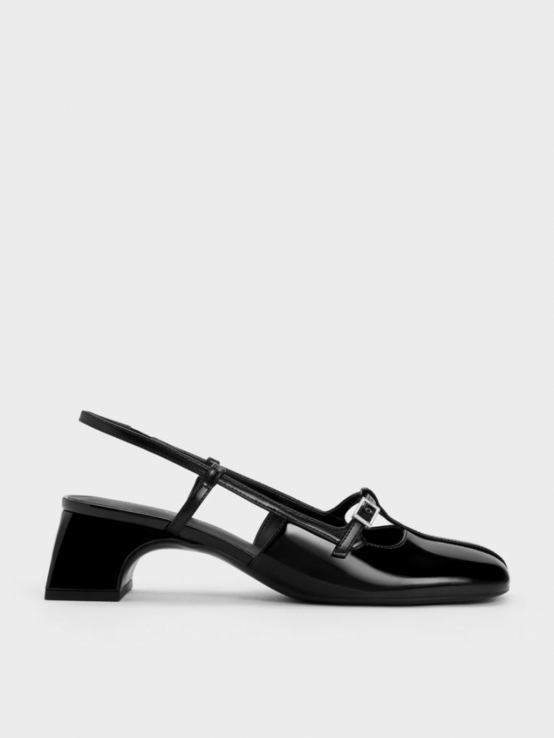 Charles And Keith Patent T-Bar Slingback Pumps Black | PHILIPPINES D169