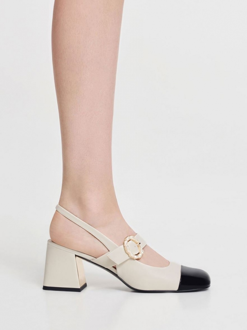 Charles And Keith Patent Two-Tone Pearl Buckle Slingback Pumps White | PHILIPPINES U824