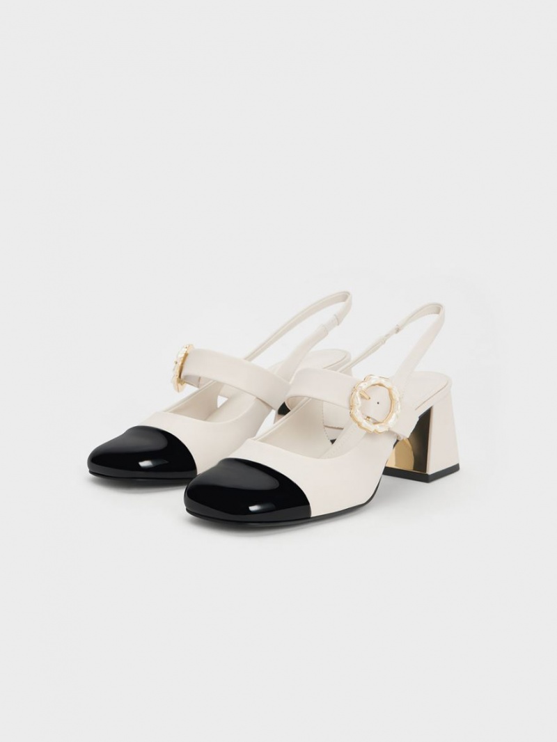 Charles And Keith Patent Two-Tone Pearl Buckle Slingback Pumps White | PHILIPPINES U824