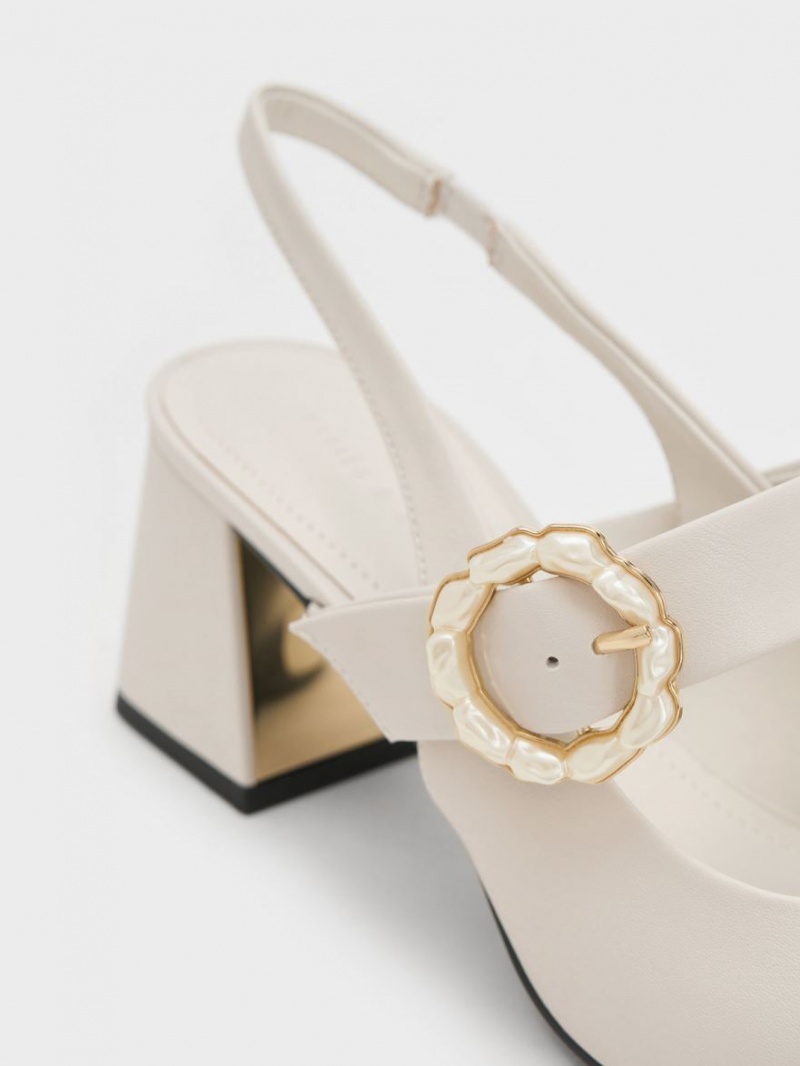 Charles And Keith Patent Two-Tone Pearl Buckle Slingback Pumps White | PHILIPPINES U824