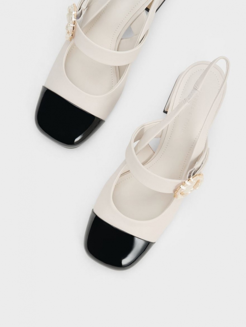 Charles And Keith Patent Two-Tone Pearl Buckle Slingback Pumps White | PHILIPPINES U824