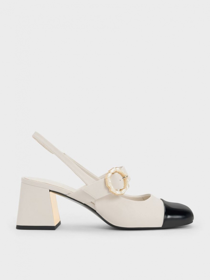 Charles And Keith Patent Two-Tone Pearl Buckle Slingback Pumps White | PHILIPPINES U824