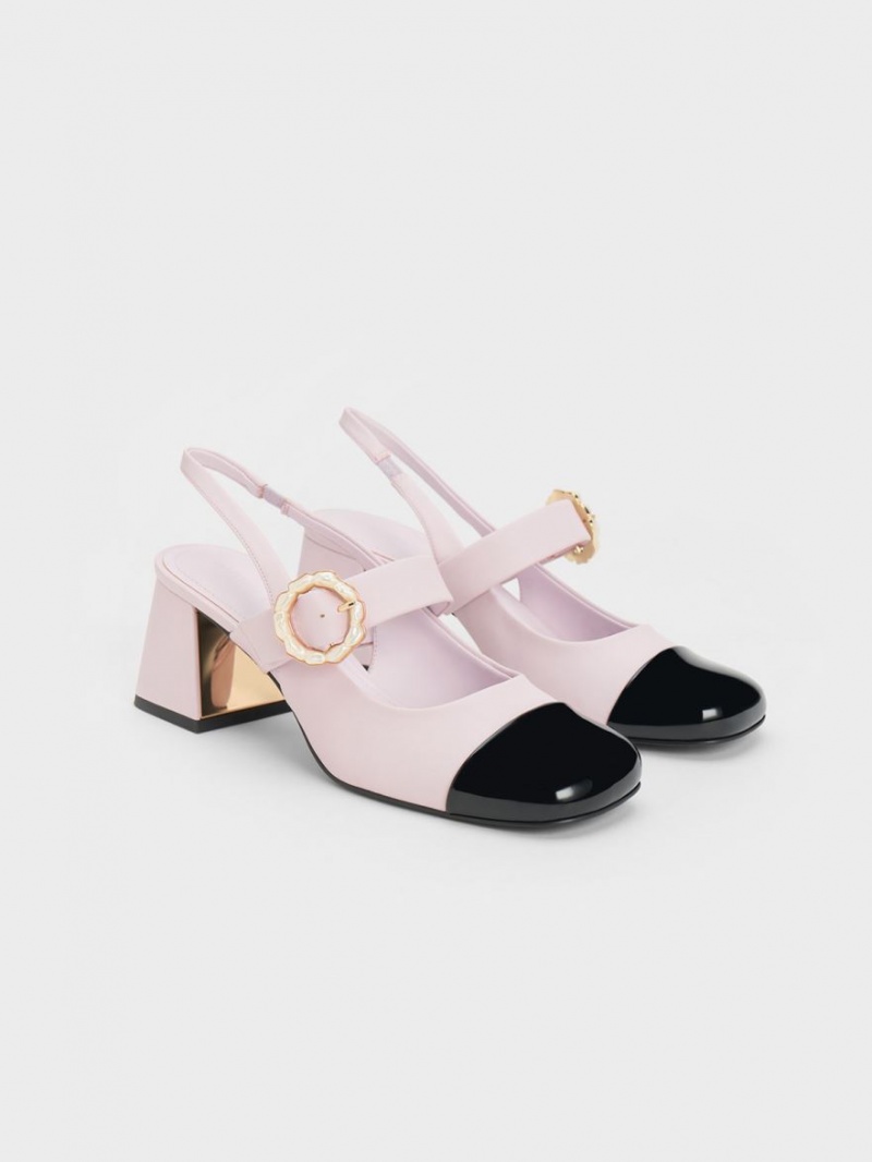 Charles And Keith Patent Two-Tone Pearl Buckle Slingback Pumps Purple | PHILIPPINES N309