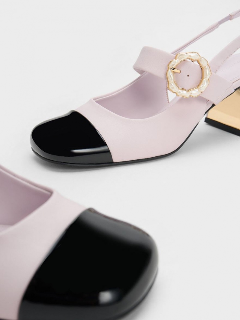 Charles And Keith Patent Two-Tone Pearl Buckle Slingback Pumps Purple | PHILIPPINES N309