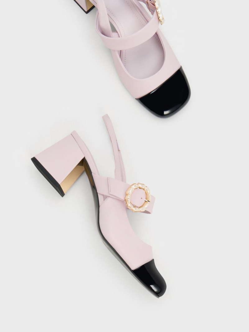 Charles And Keith Patent Two-Tone Pearl Buckle Slingback Pumps Purple | PHILIPPINES N309