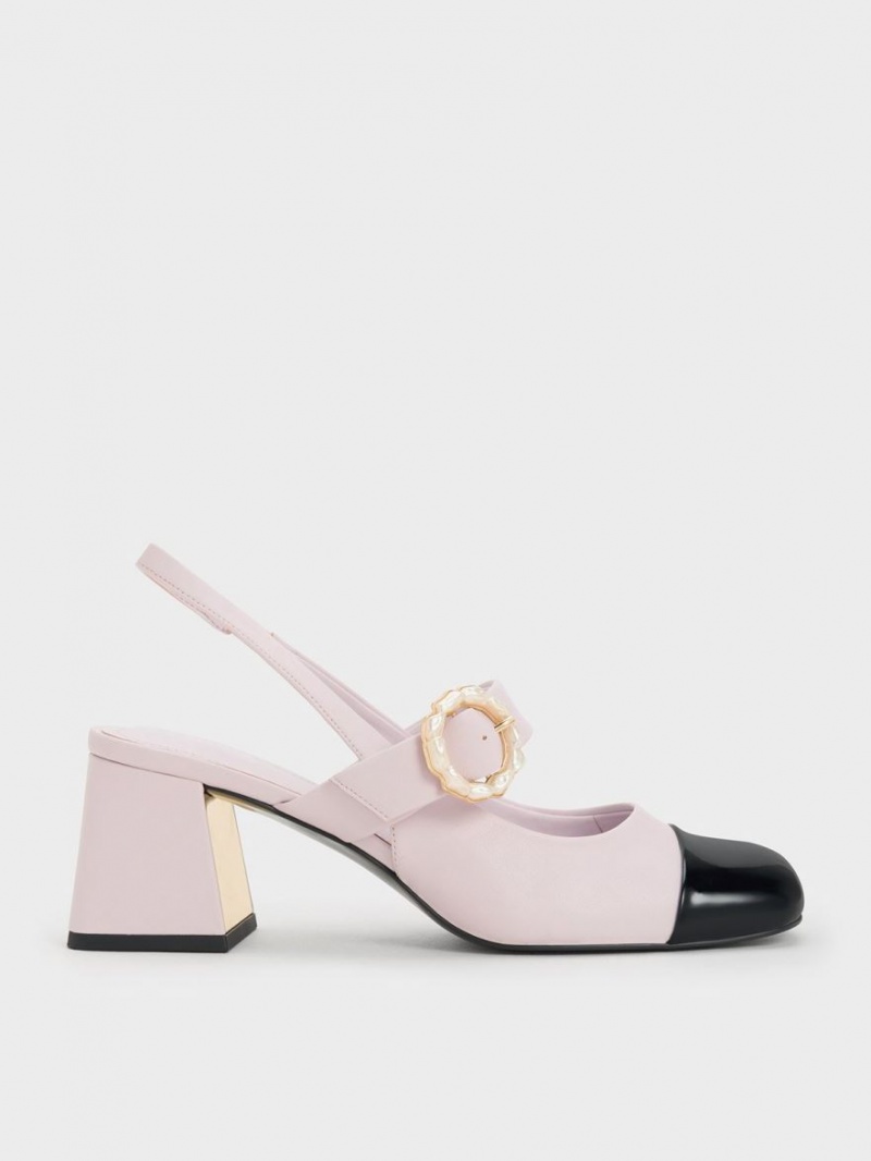 Charles And Keith Patent Two-Tone Pearl Buckle Slingback Pumps Purple | PHILIPPINES N309