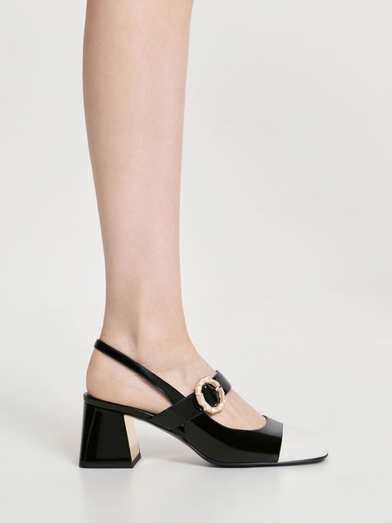 Charles And Keith Patent Two-Tone Pearl Buckle Slingback Pumps Black | PHILIPPINES N426