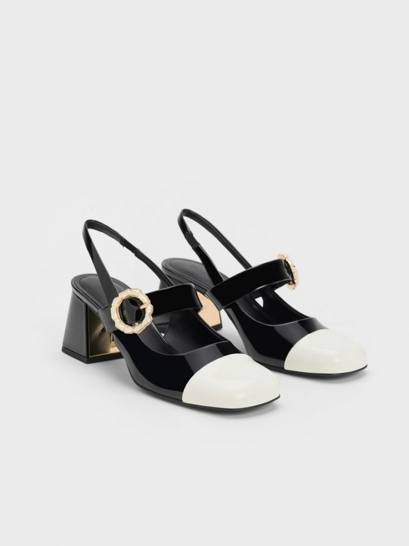 Charles And Keith Patent Two-Tone Pearl Buckle Slingback Pumps Black | PHILIPPINES N426