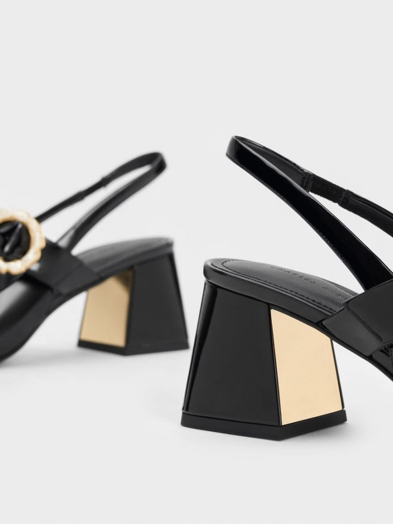 Charles And Keith Patent Two-Tone Pearl Buckle Slingback Pumps Black | PHILIPPINES N426