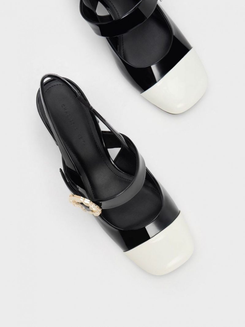 Charles And Keith Patent Two-Tone Pearl Buckle Slingback Pumps Black | PHILIPPINES N426