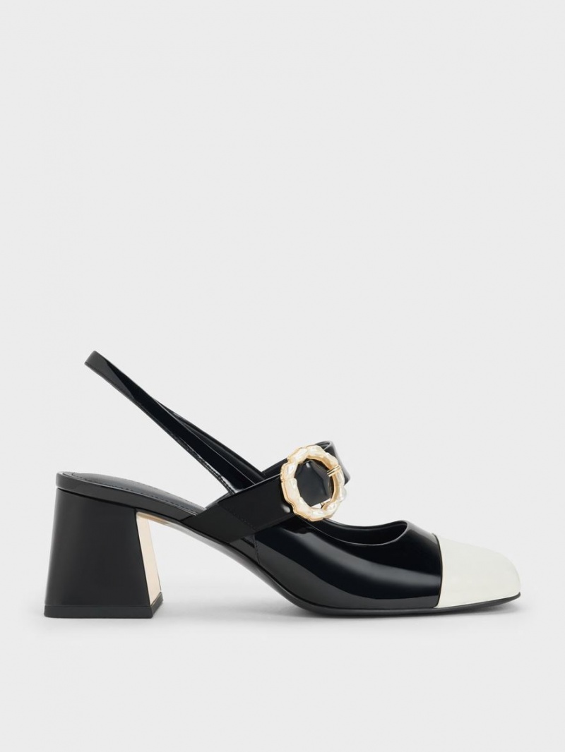 Charles And Keith Patent Two-Tone Pearl Buckle Slingback Pumps Black | PHILIPPINES N426