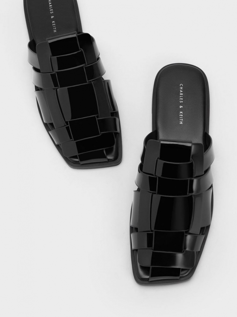 Charles And Keith Patent Woven Flat Mules Black | PHILIPPINES N745