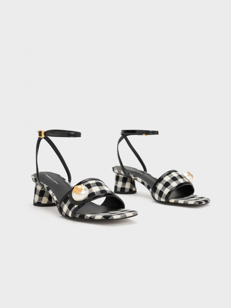 Charles And Keith Pearl-Embellished Gingham Heels Sandals Multicolor | PHILIPPINES Q629