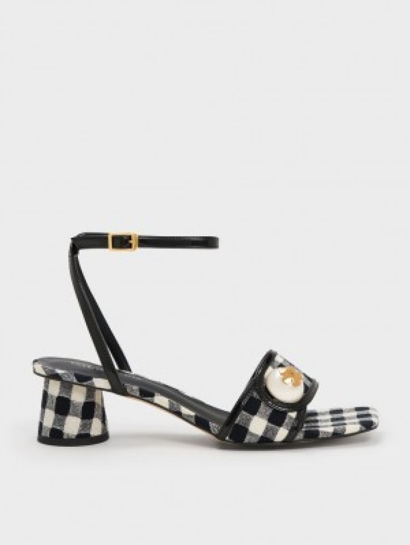 Charles And Keith Pearl-Embellished Gingham Heels Sandals Multicolor | PHILIPPINES Q629