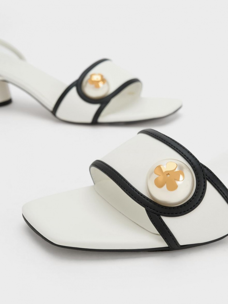 Charles And Keith Pearl-Embellished Heels Sandals White | PHILIPPINES O938