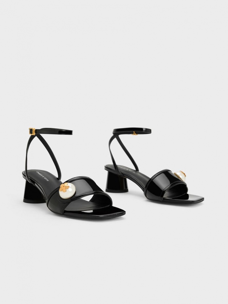 Charles And Keith Pearl-Embellished Patent Heels Sandals Black | PHILIPPINES N843