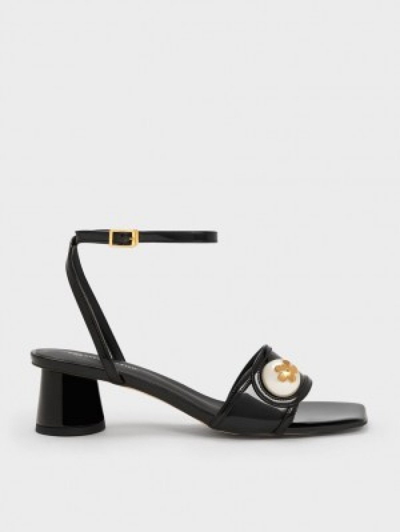 Charles And Keith Pearl-Embellished Patent Heels Sandals Black | PHILIPPINES N843