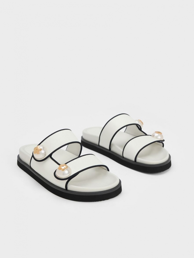 Charles And Keith Pearl Embellished Contrast-Trim Slides White | PHILIPPINES A453