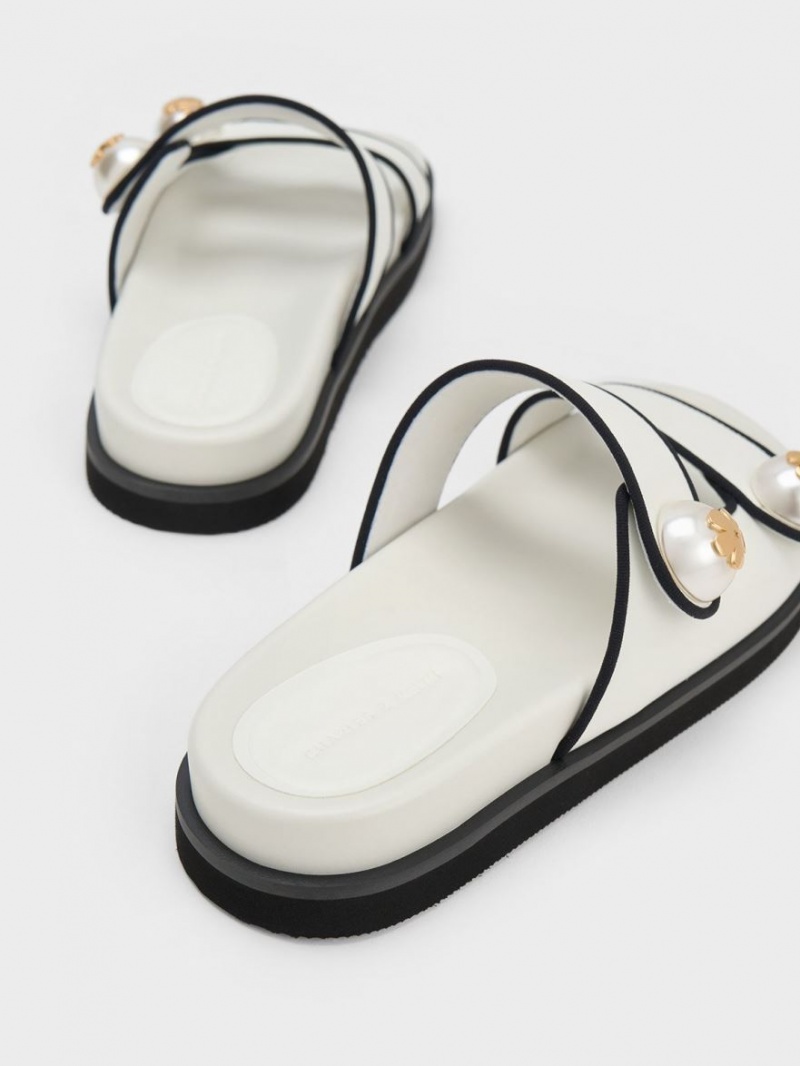 Charles And Keith Pearl Embellished Contrast-Trim Slides White | PHILIPPINES A453