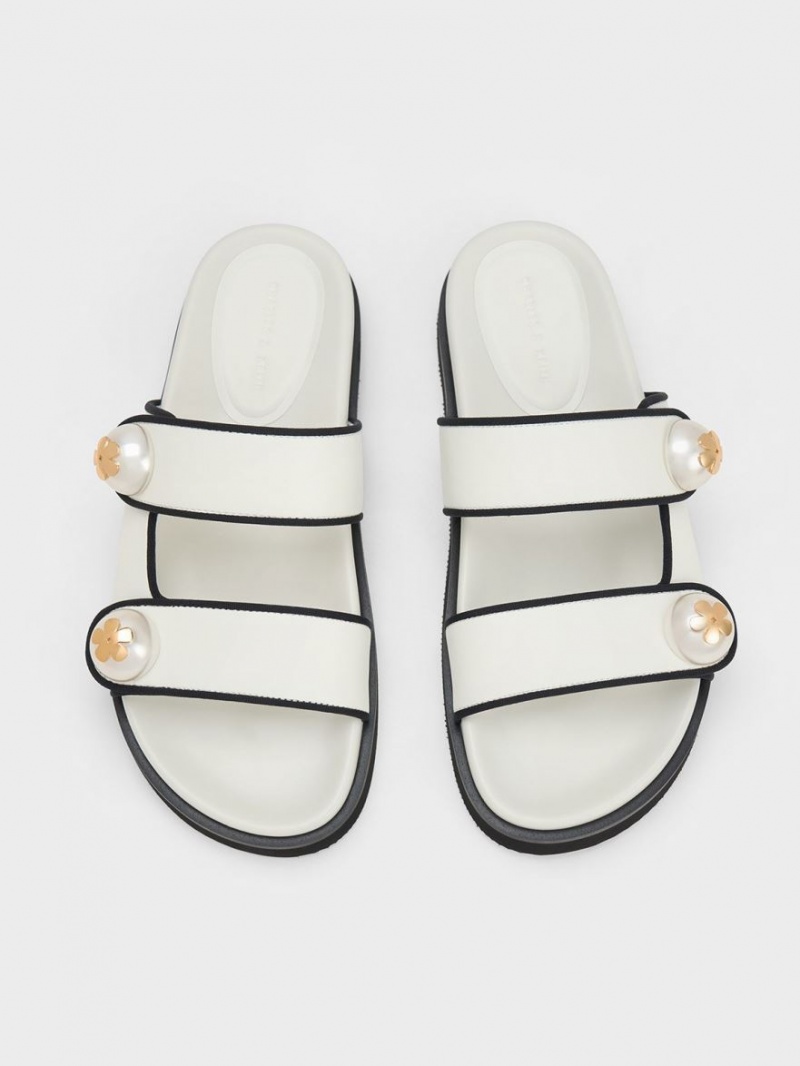 Charles And Keith Pearl Embellished Contrast-Trim Slides White | PHILIPPINES A453