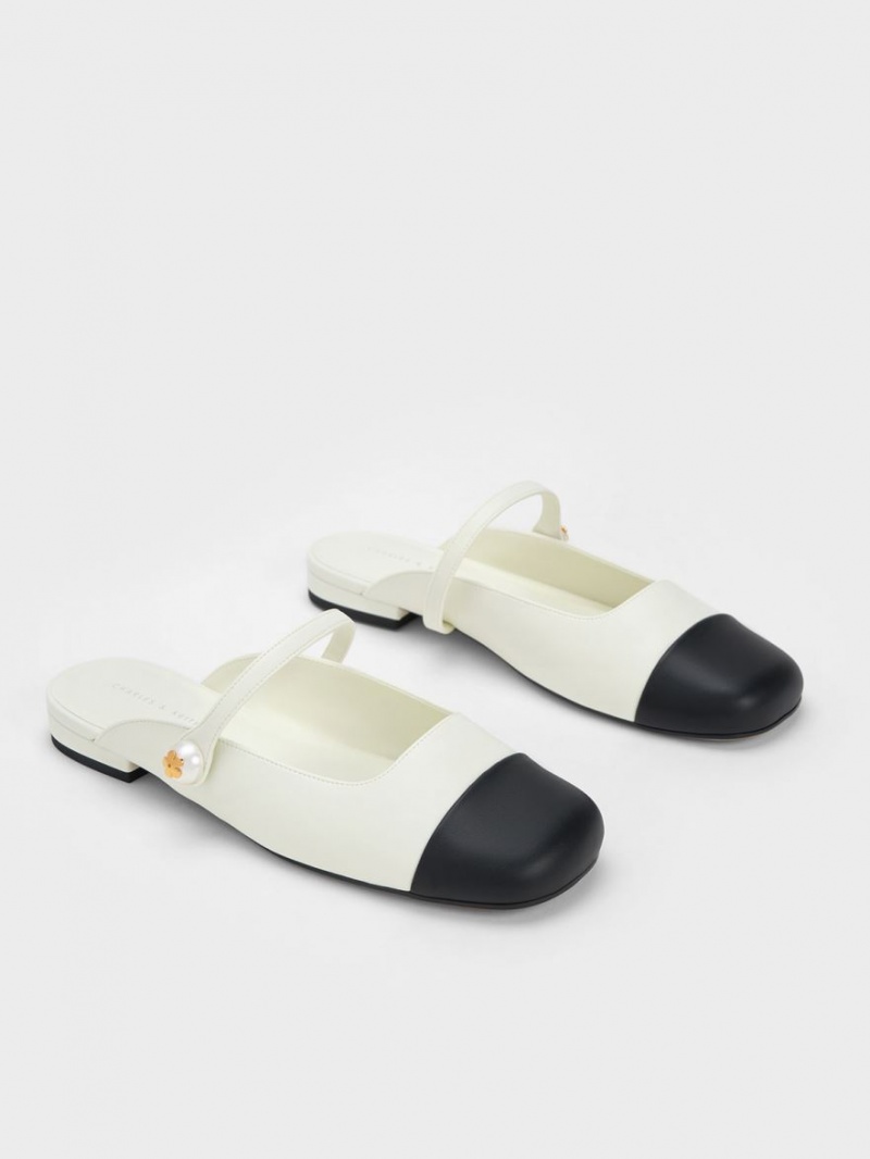 Charles And Keith Pearl Embellished Flat Mules White | PHILIPPINES B918