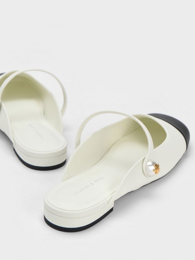 Charles And Keith Pearl Embellished Flat Mules White | PHILIPPINES B918