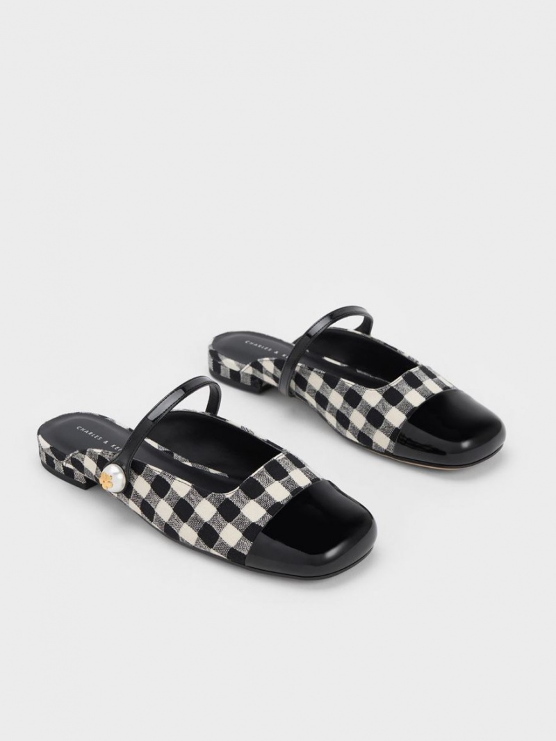 Charles And Keith Pearl Embellished Gingham Flat Mules Multicolor | PHILIPPINES F345