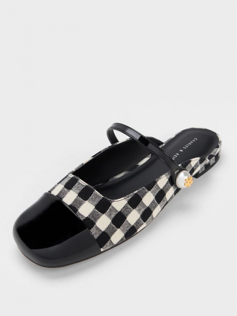 Charles And Keith Pearl Embellished Gingham Flat Mules Multicolor | PHILIPPINES F345