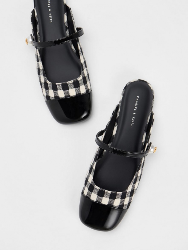 Charles And Keith Pearl Embellished Gingham Flat Mules Multicolor | PHILIPPINES F345