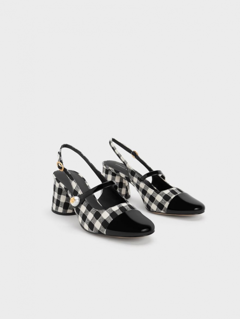 Charles And Keith Pearl Embellished Gingham Slingback Pumps Multicolor | PHILIPPINES W352