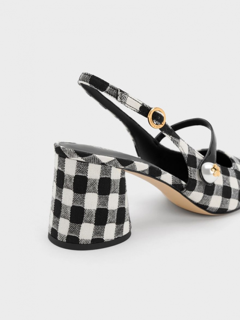 Charles And Keith Pearl Embellished Gingham Slingback Pumps Multicolor | PHILIPPINES W352