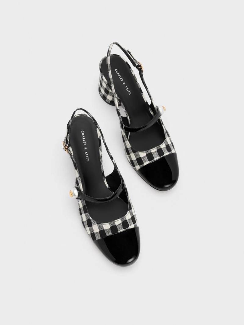 Charles And Keith Pearl Embellished Gingham Slingback Pumps Multicolor | PHILIPPINES W352