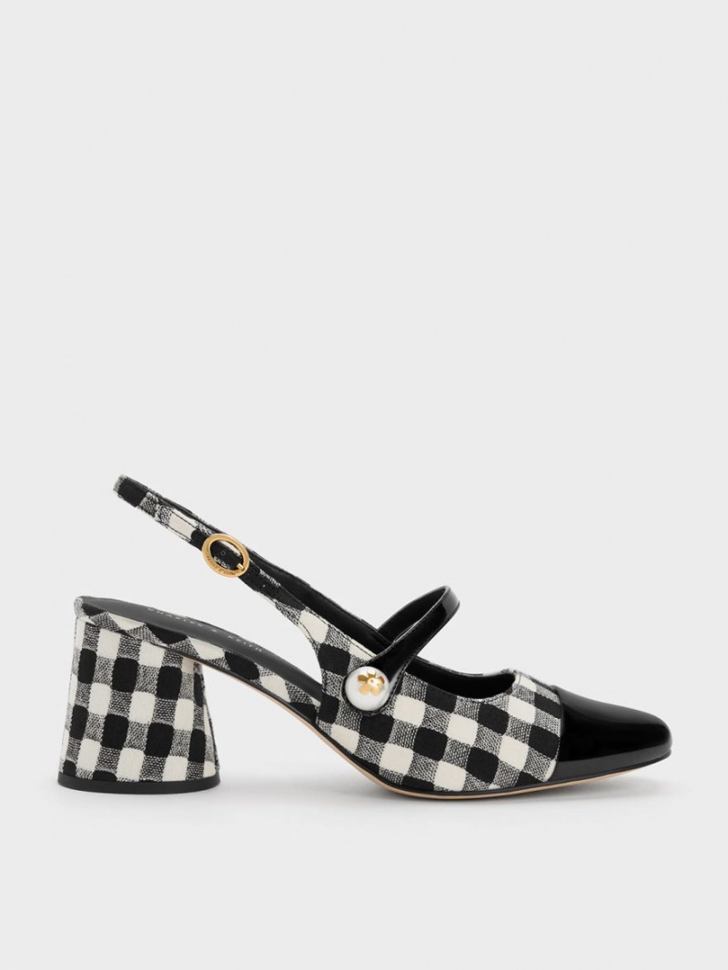 Charles And Keith Pearl Embellished Gingham Slingback Pumps Multicolor | PHILIPPINES W352