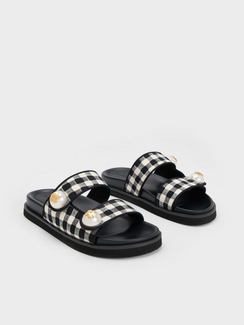 Charles And Keith Pearl Embellished Gingham Slides Multicolor | PHILIPPINES Q470