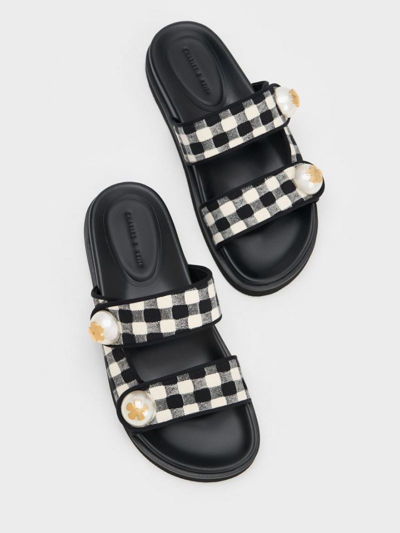 Charles And Keith Pearl Embellished Gingham Slides Multicolor | PHILIPPINES Q470