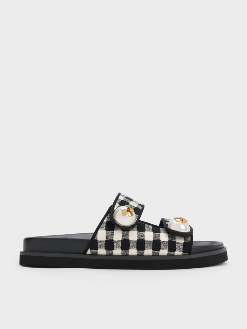 Charles And Keith Pearl Embellished Gingham Slides Multicolor | PHILIPPINES Q470