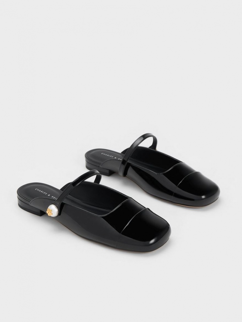 Charles And Keith Pearl Embellished Patent Flat Mules Black | PHILIPPINES T057