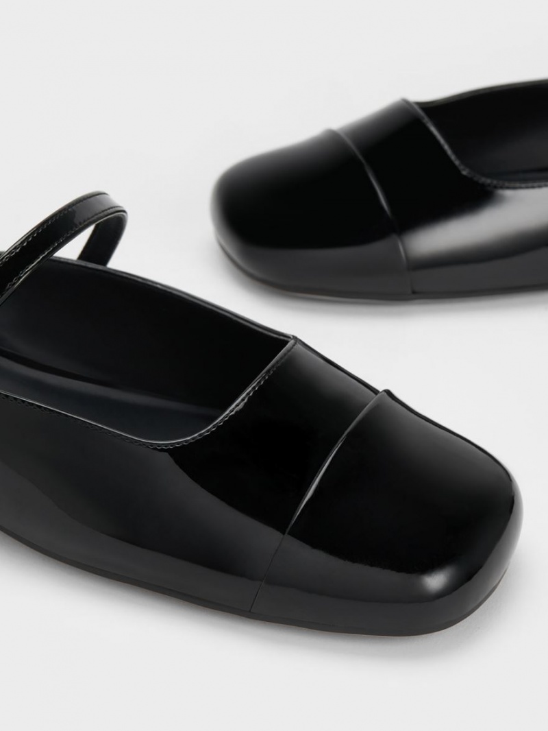 Charles And Keith Pearl Embellished Patent Flat Mules Black | PHILIPPINES T057